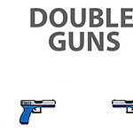 Tekst DOUBLE GUNS øverst med to blå og grå tegneseriepistoler nederst