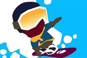 En farverig tegneseriefigur på et snowboard med store briller og halstørklæde mod en blå baggrund