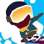En farverig tegneseriefigur på et snowboard med store briller og halstørklæde mod en blå baggrund