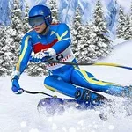 En skiløber i blå dragt og hjelm kører ned ad en sneklædt bakke omgivet af grantræer