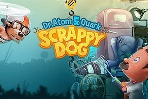Dr. Atom & Quark: Scrappy Dog En animeret hund med propellerhat og en opfindertype kigger mod hinanden foran en bunke af skrammel