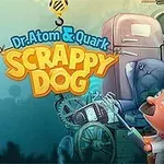 Dr. Atom & Quark: Scrappy Dog En animeret hund med propellerhat og en opfindertype kigger mod hinanden foran en bunke af skrammel