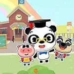 Tre tegneseriefigurer - en panda, en gris og en hund - står foran en skole med et skilt, under en regnbue