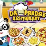 En tegnet panda med kokkehue står ved et bord fyldt med madretter, herunder tærter, pizza og en drik, med teksten Dr