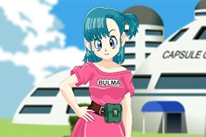 Tegnet kvinde med blå hår i en pink kjole med navnet BULMA foran en futuristisk bygning under en blå himmel