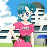 Tegnet kvinde med blå hår i en pink kjole med navnet BULMA foran en futuristisk bygning under en blå himmel