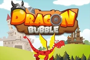 Rød drage med gule vinger hopper foran et tegneserie-lignende landskab med slotte og træer, med teksten Dragon Bubble øverst