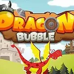 Rød drage med gule vinger hopper foran et tegneserie-lignende landskab med slotte og træer, med teksten Dragon Bubble øverst