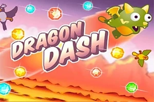 Farverig illustration med en grøn drage, juveler i forskellige farver og teksten Dragon Dash på en baggrund af orange bjerge og himmel