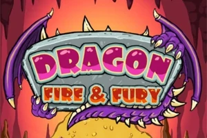 En farverig tegneserieinspireret titel med ordene Dragon Fire & Fury omkranset af dragevinger og kløer