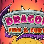 En farverig tegneserieinspireret titel med ordene Dragon Fire & Fury omkranset af dragevinger og kløer