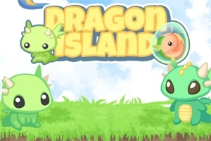 Søde, grønne tegneseriedrager på en græsmark foran teksten Dragon Island