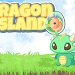 Søde, grønne tegneseriedrager på en græsmark foran teksten Dragon Island
