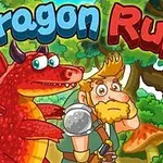 Rød drage og skægget mand i en skov med store svampe, med teksten Dragon Run øverst