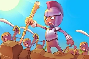 En animeret karakter med hjelm og rustning, der står på klipper og holder en stav, omgivet af flere figurer med sværd under en klar blå himmel