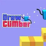 Blå terning med sorte ben klatrer op ad gule trapper på en lilla baggrund ved siden af teksten Draw Climber