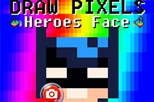 Pixelkunst af en maskeret superheltefigur med farverig baggrund og teksten DRAW PIXELS Heroes Face øverst