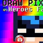 Pixelkunst af en maskeret superheltefigur med farverig baggrund og teksten DRAW PIXELS Heroes Face øverst