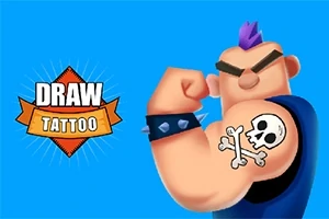Tegneseriefigur med lilla mohawk viser en muskuløs arm med en dødningehovede-tatovering, iført sort stikket armbånd, på en blå baggrund ved siden af teksten Draw Tattoo