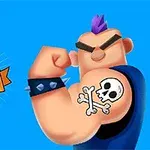 Tegneseriefigur med lilla mohawk viser en muskuløs arm med en dødningehovede-tatovering, iført sort stikket armbånd, på en blå baggrund ved siden af teksten Draw Tattoo