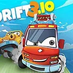 To animerede biler med ansigter kører på en vej mod en blå himmel