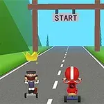 Tre figurer på cykler er klar til at starte et ræs på en vej med en START skilt i baggrunden