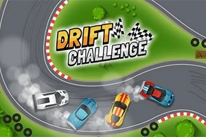 Fire farverige biler drifter rundt om en kurve på en racerbane med teksten Drift Challenge i midten