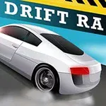 En hvid sportsvogn, der drifter på en vej med tekst Drift Race ovenfor
