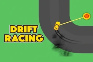 Gul bil drifter om hjørne på sort vejbane med grøn baggrund og teksten Drift Racing