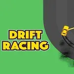 Gul bil drifter om hjørne på sort vejbane med grøn baggrund og teksten Drift Racing
