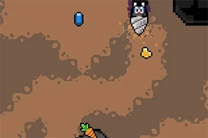 En pixelgrafik viser en karakter med en skovl i en jordfarvet labyrint med en blå diamant, en gul genstand og en gulerod