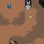 En pixelgrafik viser en karakter med en skovl i en jordfarvet labyrint med en blå diamant, en gul genstand og en gulerod