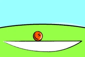 En orange bold placeret på en hvid, buet overflade mod en lys blå baggrund og grøn forgrund