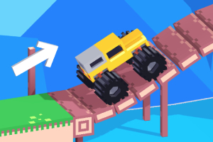 En gul monstertruck med store dæk kører op ad en stejl træbro i et farverigt, geometrisk landskab med en hvid pil i baggrunden