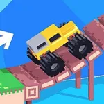 En gul monstertruck med store dæk kører op ad en stejl træbro i et farverigt, geometrisk landskab med en hvid pil i baggrunden