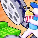 En animeret figur i en blå kasket bærer popcorn foran en stor filmrulle og grønne pengesedler