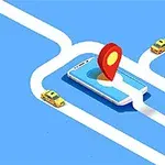 En smartphone med en rød placeringsmarkør ovenpå ligger i midten af et vejkryds med to gule biler på de hvide veje mod en blå baggrund