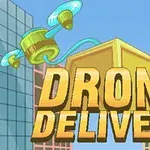 En drone bærer en gul kasse mellem to høje bygninger under en blå himmel