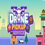 Farverig illustration med tekst Drone Pickup Service, huse, træer, og en drone med en pakke