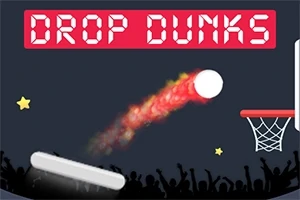 En basketball med flammespor bevæger sig mod en kurv på en mørk baggrund med stjerner og teksten DROP DUNKS øverst