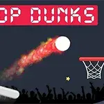 En basketball med flammespor bevæger sig mod en kurv på en mørk baggrund med stjerner og teksten DROP DUNKS øverst