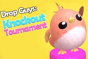 Sød, pink fuglelignende figur på en lilla platform med teksten Drop Guys: Knockout Tournament på gul baggrund