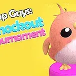 Sød, pink fuglelignende figur på en lilla platform med teksten Drop Guys: Knockout Tournament på gul baggrund
