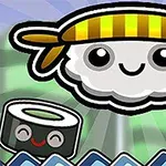 Sødt sushi-tema med smilende nigiri og maki-figur mod en stribet baggrund