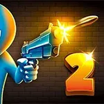 En blå tegneseriefigur med pistol og tallet 2 belyst med glødende effekter