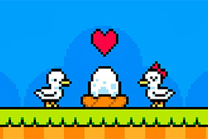 To ænder står på hver sin side af et æg i en rede med et hjerte svævende over dem på en farverig 8-bit baggrund