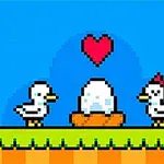 To ænder står på hver sin side af et æg i en rede med et hjerte svævende over dem på en farverig 8-bit baggrund