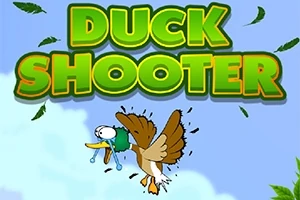 En animeret and med tårer i øjnene flyver under teksten Duck Shooter på en blå himmelbaggrund