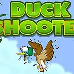 En animeret and med tårer i øjnene flyver under teksten Duck Shooter på en blå himmelbaggrund