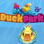 Gule, røde og blå badeænder i vand med teksten DuckPark